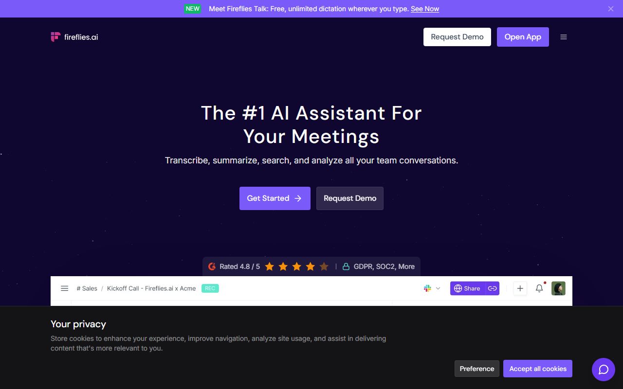 Fireflies.ai's public homepage, captured automatically on October 11, 2026. Not a logged-in account; the page may have changed since.