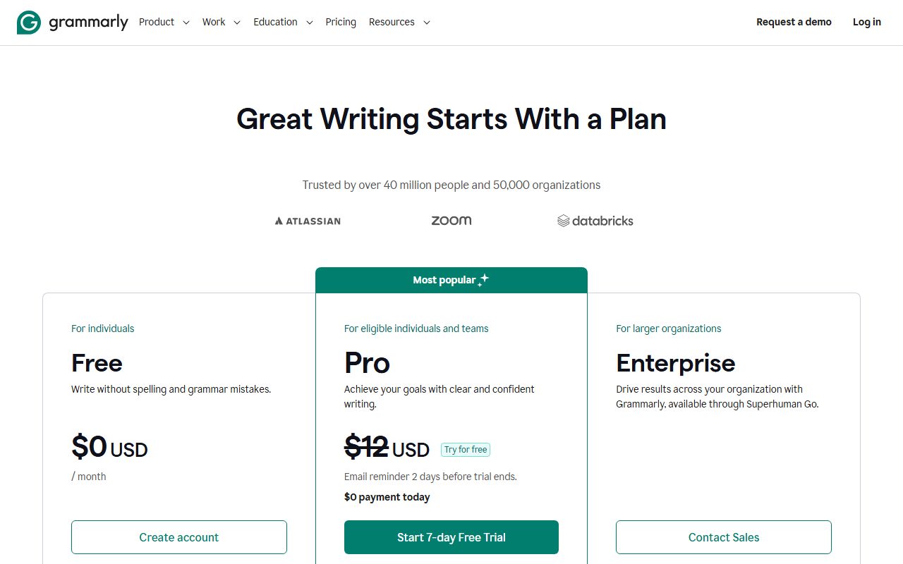 Grammarly's public homepage, captured automatically on October 13, 2026. Not a logged-in account; the page may have changed since.